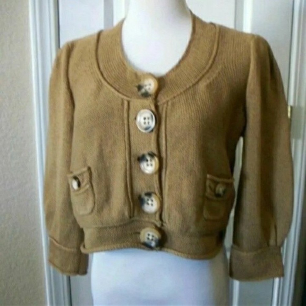 AK CROPPED CARDIGAN TAN CAMEL 3/4 SLEEVE SWEATER MEDIUM WOMENS M